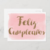 Rosa Aquarell Gold Glitzer Feliz Cumpleanos Postkarte (Vorne/Hinten)