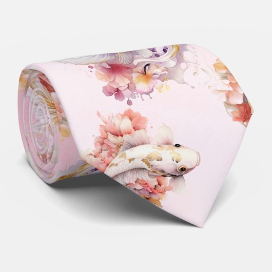 Rosa Aquarell Gold Koi Fisch Flora Krawatte (Gerollt)
