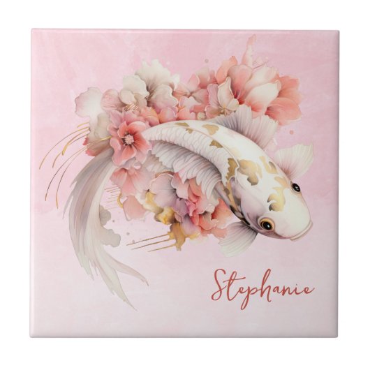 Rosa Aquarell Gold Koi Fisch Personalisiert Fliese (Vorderseite)