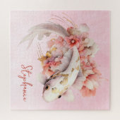 Rosa Aquarell Gold Koi Fisch Personalisiert Puzzle (Horizontal)