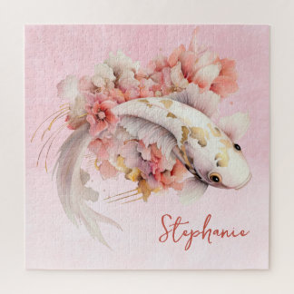 Rosa Aquarell Gold Koi Fisch Personalisiert Puzzle