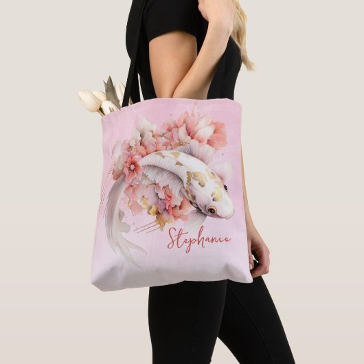 Rosa Aquarell Gold Koi Fisch Personalisiert Tasche (Von Nahem)