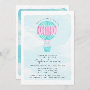 Rosa Aquarell-Heißluft-Ballon-Babyparty Einladung