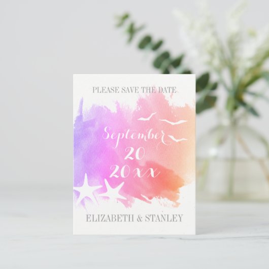 Rosa Aquarell, Hochzeit von Seestern Das Datum spe Ankündigungspostkarte (Stehend Vorderseite)