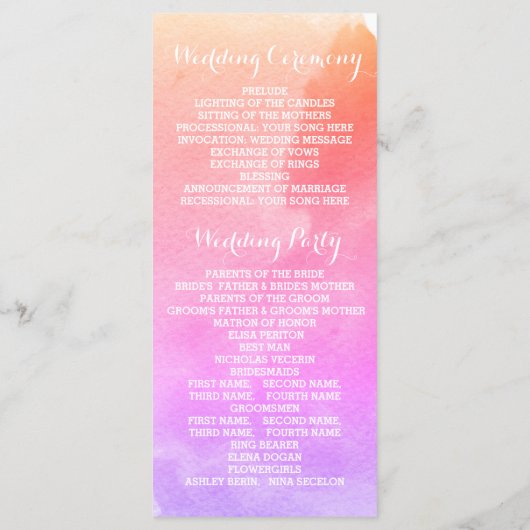 Rosa Aquarell, Hochzeitsprogramm für Seesterne Programm (Rückseite)