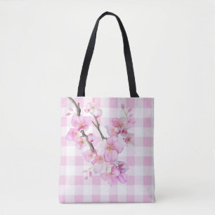 Rosa Aquarell-Kirschblüten Karo Gingham Tasche
