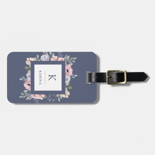 Rosa Aquarell mit Blumen und Monogramm auf Gepäckanhänger (Vorderseite horizontal)