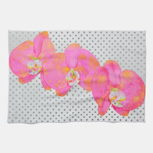 Rosa Aquarell Orchideenmalerei, Polka-Punkte Handtuch (Horizontal)