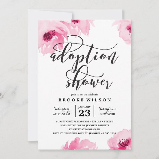 Rosa Aquarell Rose Adoption Babydusche Einladung (Vorderseite)