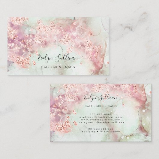 Rosa Aquarell Rose Gold Glitzer Visitenkarte (Vorne/Hinten)