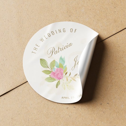 Rosa Aquarell Rose Goldschrift Ampere und Hochzeit Runder Aufkleber