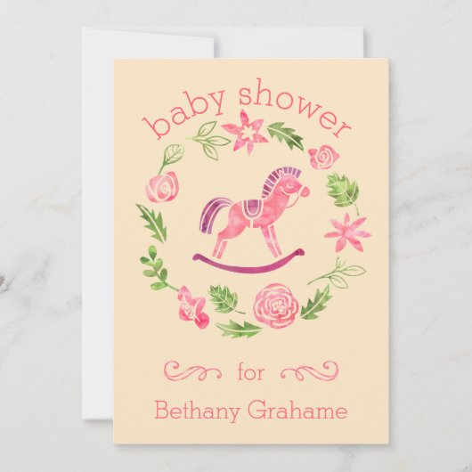 Rosa Aquarell-Schaukelpferd-Babyparty Einladung (Vorderseite)