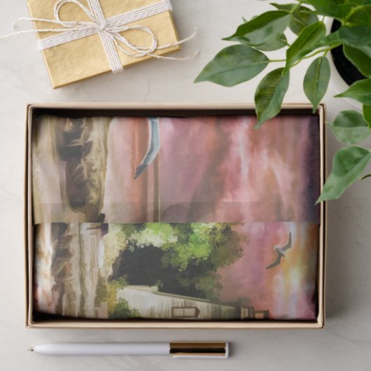 Rosa Aquarell-Seemöwe-Sonnenuntergang-Leuchtturm Seidenpapier (Geschenk)