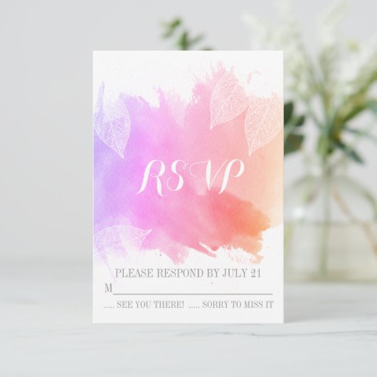 Rosa Aquarell & Skelett Blätter Hochzeit RSVP (Stehend Vorderseite)