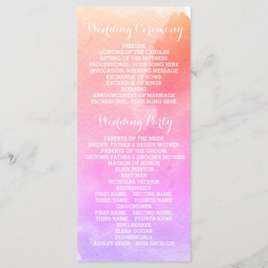 Rosa Aquarell & Skelett Blätter Hochzeitsprogramm Programm (Rückseite)