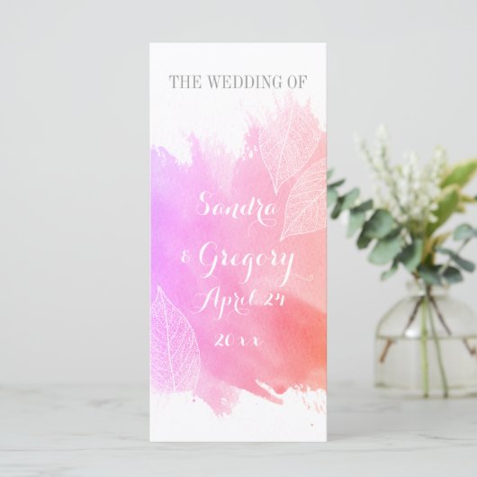 Rosa Aquarell & Skelett Blätter Hochzeitsprogramm Programm (Stehend Vorderseite)