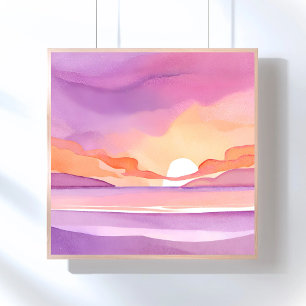 Rosa Aquarell-Sonnenuntergang   Schöner Ozeanhimme Poster