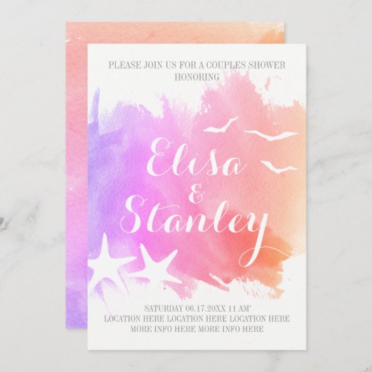 Rosa Aquarell, sternenförmige Hochzeitspaare dusch Einladung (Vorne/Hinten)