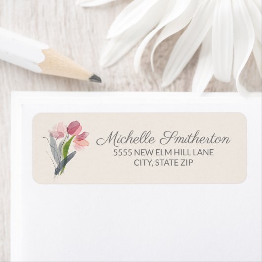 Rosa Aquarell Tulips Cream Elegantes Script Label (Insitu)