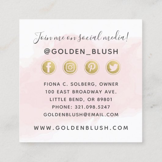 Rosa Aquarell und Gold Social Media Network Quadratische Visitenkarte (Rückseite)