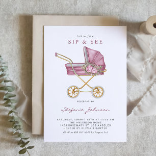 Rosa Aquarell Vintage Kinderwagen Baby Sip and See Einladung