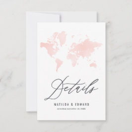 Rosa Aquarell Weltkarte Einzelheiten zur Hochzeit RSVP Karte