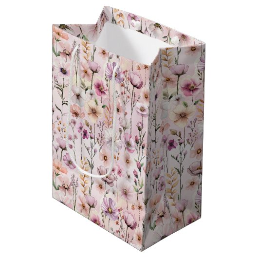 Rosa Aquarell Wildblume Geschenktasche - duftende Mittlere Geschenktüte (Vorderseite Schrägansicht)