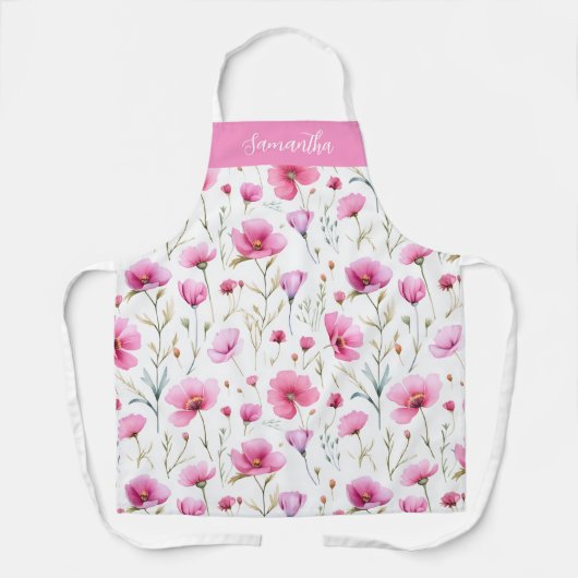 Rosa Aquarell-Wildblumen-Monogramm-Name Schürze (Vorderseite)