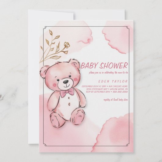 Rosa Aquarellbär Babydusche Einladungen (Vorderseite)