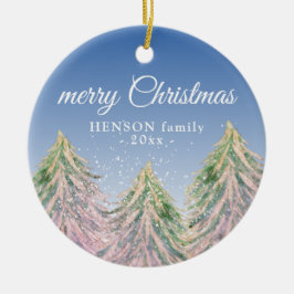 Rosa Aquarellbäume Frohe Weihnachtsfamilie Keramik Ornament