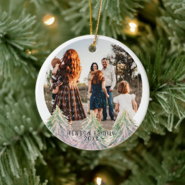 Rosa Aquarellbäume Frohe Weihnachtsfamilien Foto Keramik Ornament