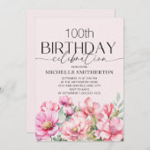 Rosa Aquarellblume 100. Geburtstag Einladung (Vorne/Hinten)