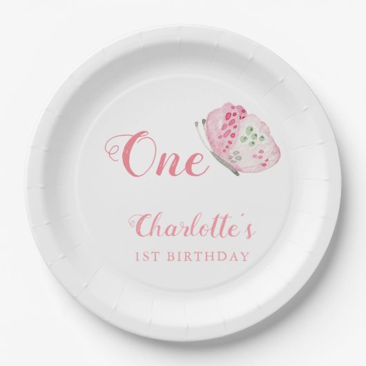 Rosa Aquarellblume 1. Geburtstag Party Pappteller (Vorderseite)
