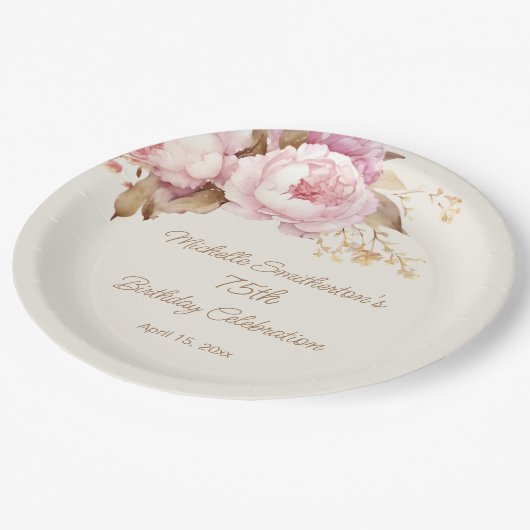 Rosa Aquarellblume 75. Geburtstag Pappteller (Schrägansicht)