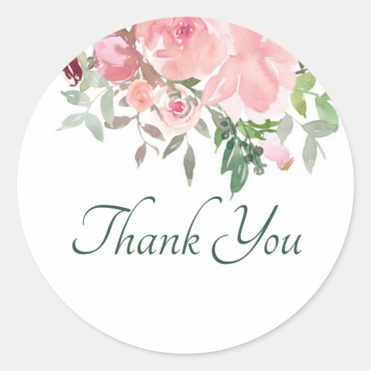 Rosa Aquarellblume Dank klassischer Rundung Runder Aufkleber (Vorderseite)