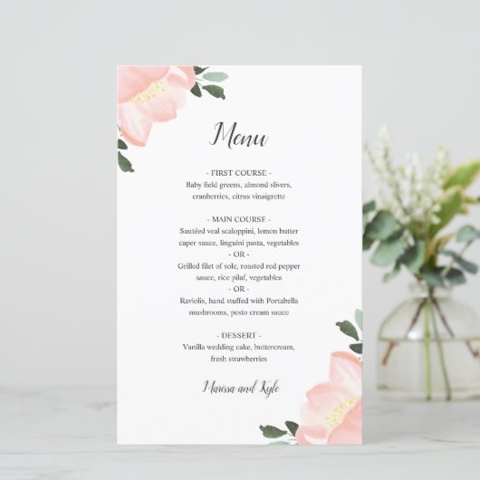 Rosa Aquarellblume Elegantes Hochzeitsmenü (Stehend Vorderseite)
