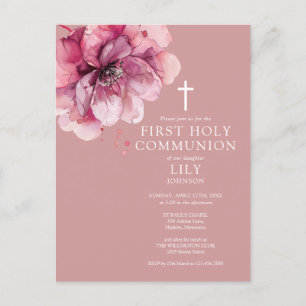 Rosa Aquarellblume Erstkommunion Einladung Postkarte
