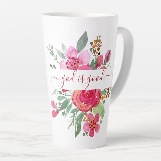 Rosa Aquarellblume "God is Good" Latte Tasse (Rechte Ecke)