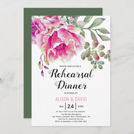 Rosa Aquarellblume Hochzeit Probe Dinner Einladung (Vorne/Hinten)