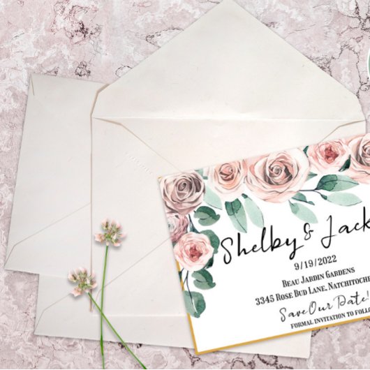 Rosa Aquarellblume Rose Gold Save the Date Begleitkarte