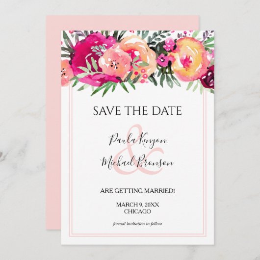 Rosa Aquarellblume Speichern Sie die Datumskarten (Vorne/Hinten)