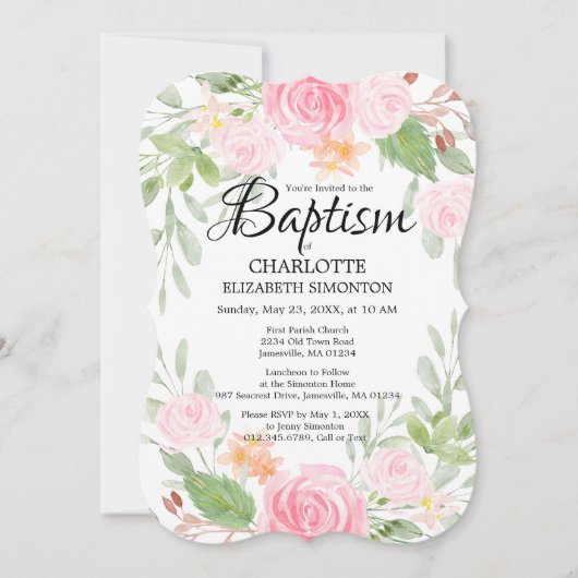 Rosa Aquarellblume Taufe Einladung (Vorderseite)