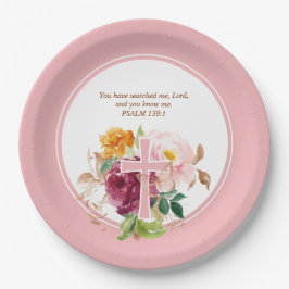 Rosa Aquarellblume und Bibelkreuz Verse Pappteller