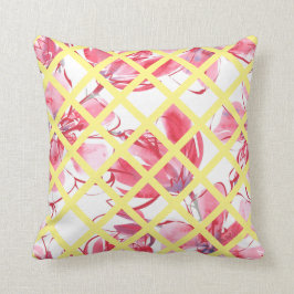 rosa Aquarellblume, weiches gelbes Gitter, Kissen