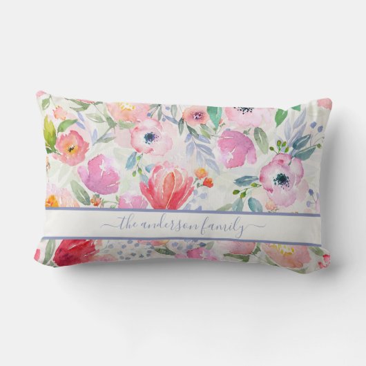 Rosa Aquarellblumen - Familienname Lendenkissen (Rückseite)