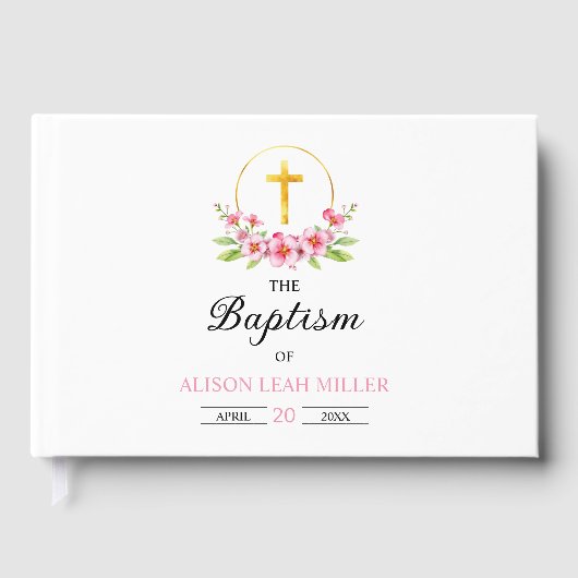 Rosa Aquarellblumen, Goldkreuz-Taufe Gästebuch (Vorderseite)