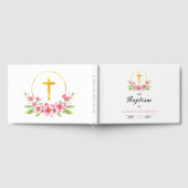 Rosa Aquarellblumen, Goldkreuz-Taufe Gästebuch (Voll)