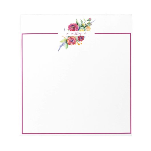 Rosa Aquarellblumen personalisiert Notizblock (Vorderseite)