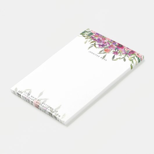 Rosa Aquarellblumen personalisiert Post-it Klebezettel (angewinkelt)