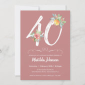 Rosa Aquarellblüte 40. Geburtstags-Party Einladung (Vorderseite)